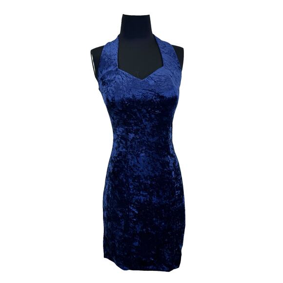 1980s Blue Velvet Halter Mini Dress – Crushed Stretchy Velvet Club Dress - Picture 3 of 16